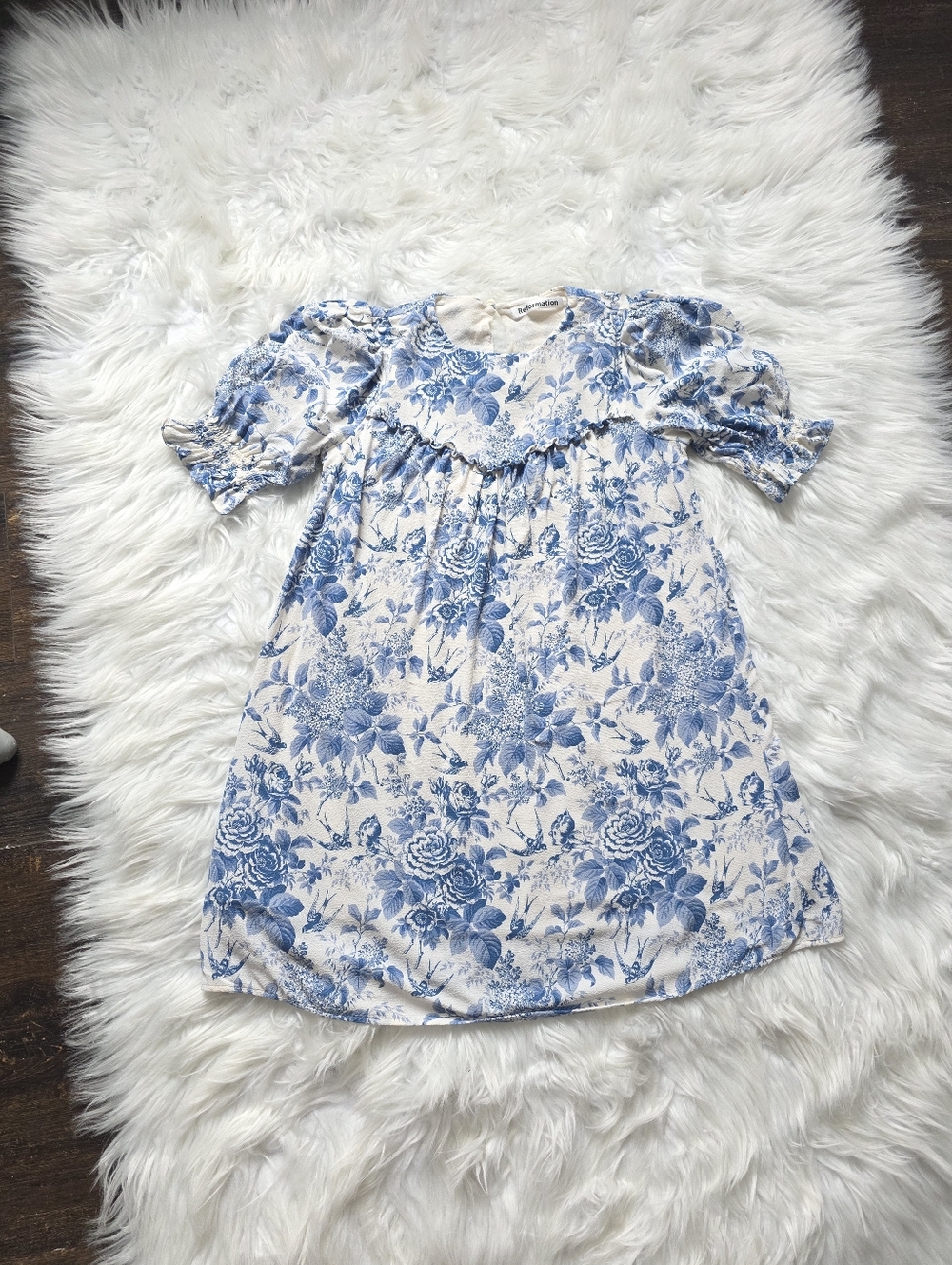 Reformation Blue and Cream Floral Puff Sleeve Dress